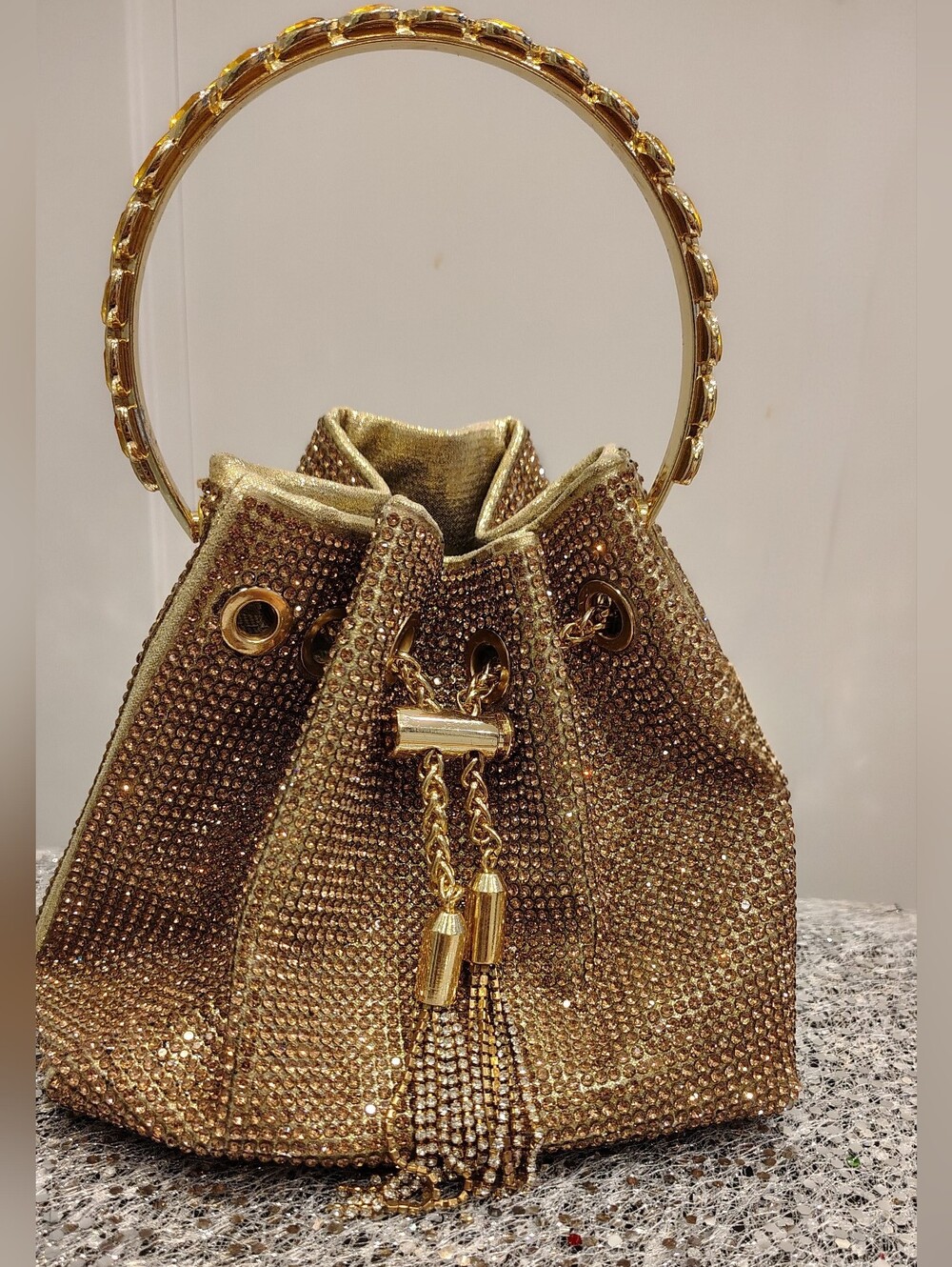 Shiny Gold Crystal-Embellished Rhinestone Bucket / Crossbody Bag NWOT